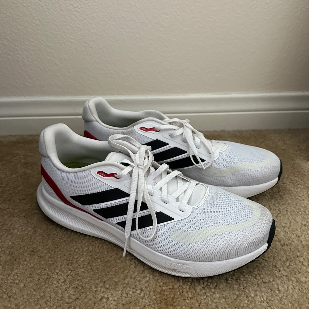 Adidas White Sneakers with Black Stripes and Red Details